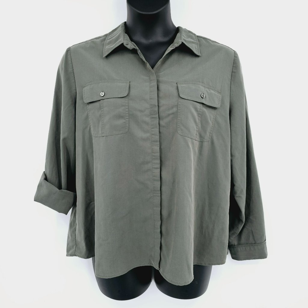 Chicos Silky Soft Classic Button Front Shirt 3 Xl 16 Army Olive Green Tab Sleeve